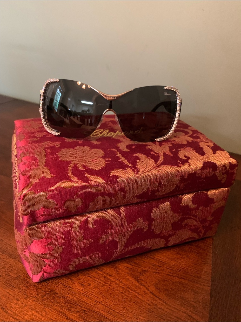 Chopard Black Gradient Shield Sunglasses with Hand Set Swarovski Crystals. RARE
